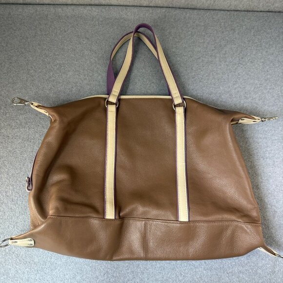 Levenger Taupe Brown Cream Purple Overnight Travel Bag Shoulder Duffel Weekend - Picture 11 of 16